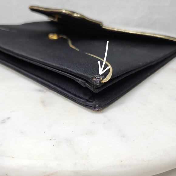 Vintage Yves Saint Laurent Silk Envelope Clutch 9" Black Gold Trim France - Picture 6 of 16
